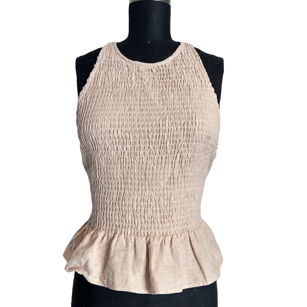 ZARA Smocked Creamy Beige and Black Peplum Tie Strap Open Back Top NWT
